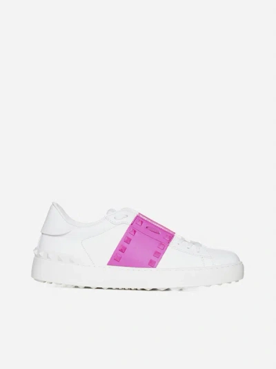Shop Valentino Rockstud Untitled Leather Sneakers In White,pink Pp