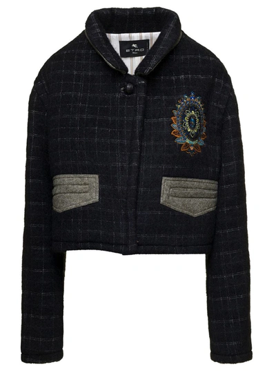 Shop Etro Black Cropped Jacket With Embroidery And Check Motif In Wool Blend Woman