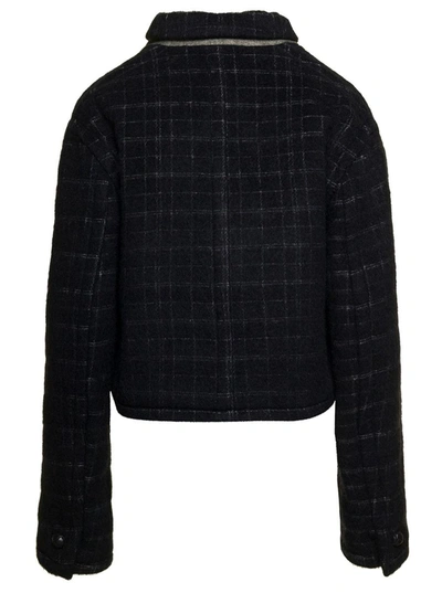 Shop Etro Black Cropped Jacket With Embroidery And Check Motif In Wool Blend Woman