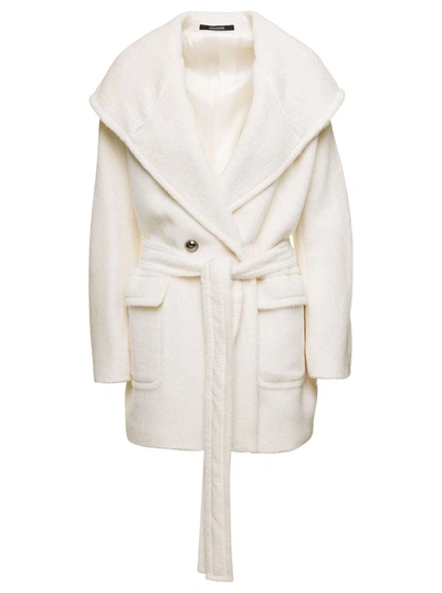 Shop Tagliatore 'jilly' White Double-breasted Coat With Wide Hood In Alpaca And Wool Woman