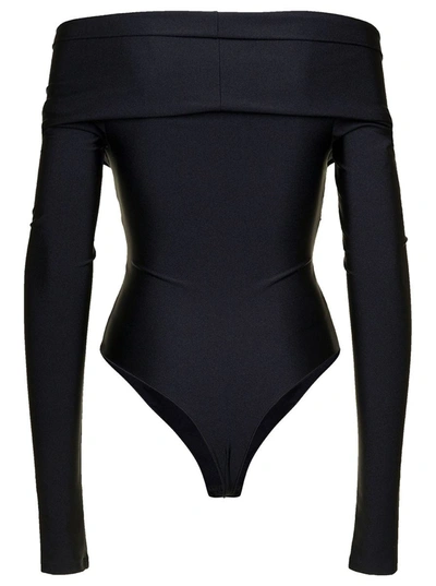 Shop The Andamane 'kendall' Black Off-shoulder Bodysuit With Twist Detail In Stretch Polyamide Woman