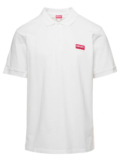 Shop Kenzo White Polo Shirt With Short Sleeves And Logo Patch In Cotton Man