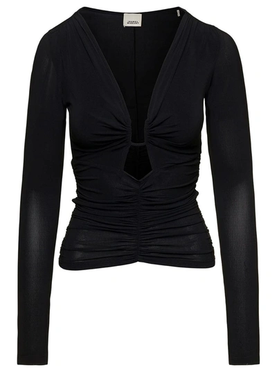 Shop Isabel Marant 'laura' Black Long Sleeve Gathered Top With Cut-out In Stretch Viscose Woman