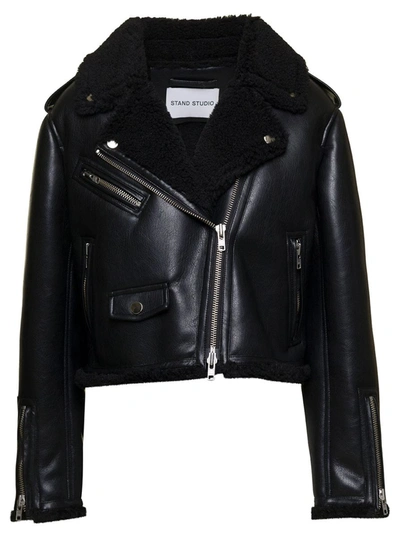 Shop Stand Studio 'lilia' Black Cropped Biker Jacket With Wide Revers In Faux Leather Woman