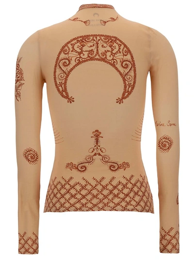 Shop Marine Serre 'second Skin' Beige Long Sleeve Top With Graphic Print In Stretch Polyamide Woman