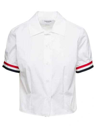 Shop Thom Browne White Cropped Shirt With Short Sleeves And Striped Trim In Cotton Woman