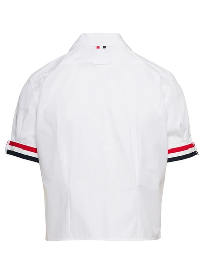 Shop Thom Browne White Cropped Shirt With Short Sleeves And Striped Trim In Cotton Woman