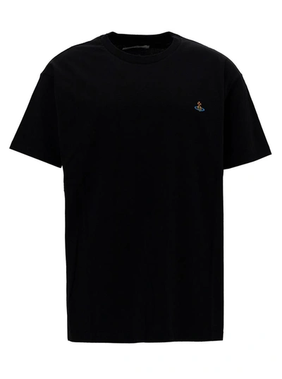 Shop Vivienne Westwood Black Crewneck T-shirt With Multicolor Orb Embroidery In Cotton Man