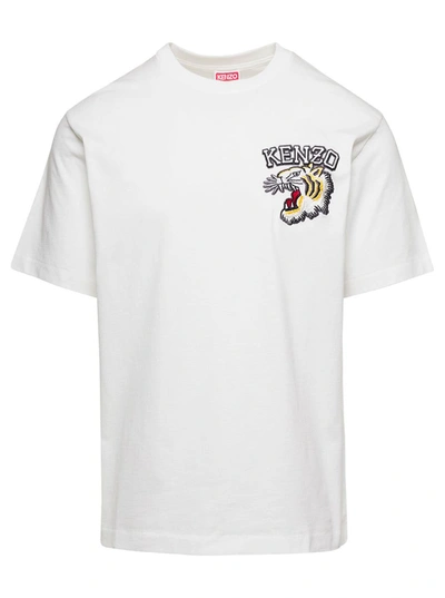 Shop Kenzo White Crewneck T-shirt With Tiger Embroidery In Cotton Man