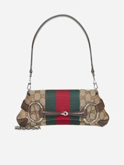 Shop Gucci Horsebit Chain Small Gg Fabric Bag In Beige,ebony