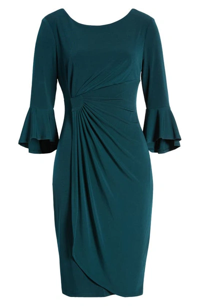 Shop Connected Apparel Ruched Bell Sleeve Faux Wrap Cocktail Dress In Hunter