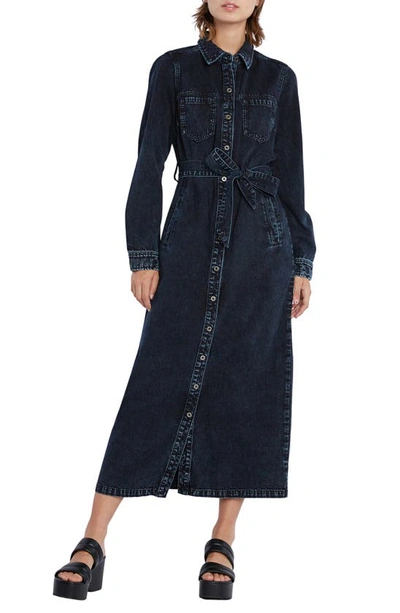 Shop Wash Lab Denim Tie Waist Long Sleeve Denim Maxi Shirtdress In Slate Blue