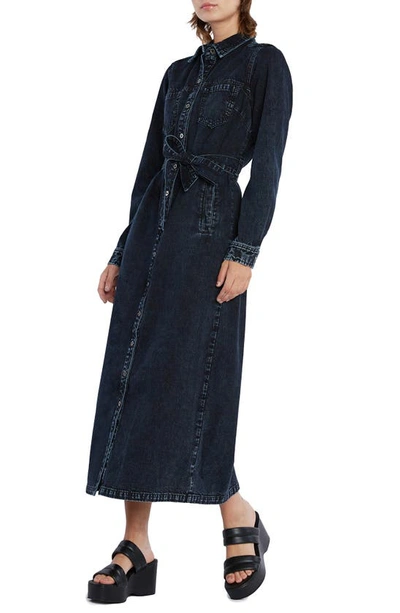 Shop Wash Lab Denim Tie Waist Long Sleeve Denim Maxi Shirtdress In Slate Blue