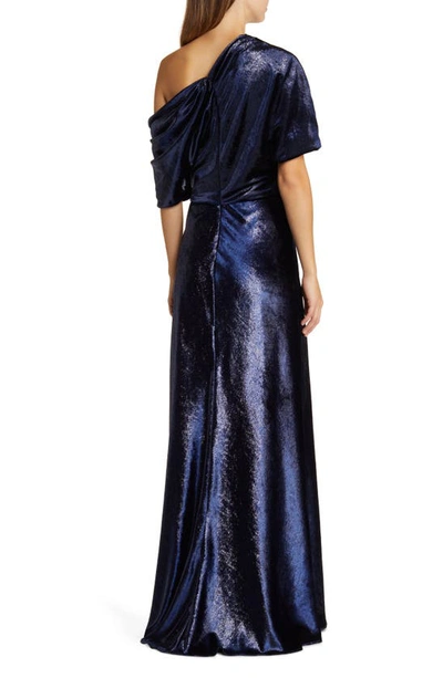 Shop Amsale One-shoulder Metallic Velvet Gown In Navy