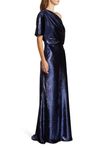 Shop Amsale One-shoulder Metallic Velvet Gown In Navy