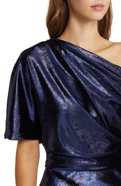 Shop Amsale One-shoulder Metallic Velvet Gown In Navy