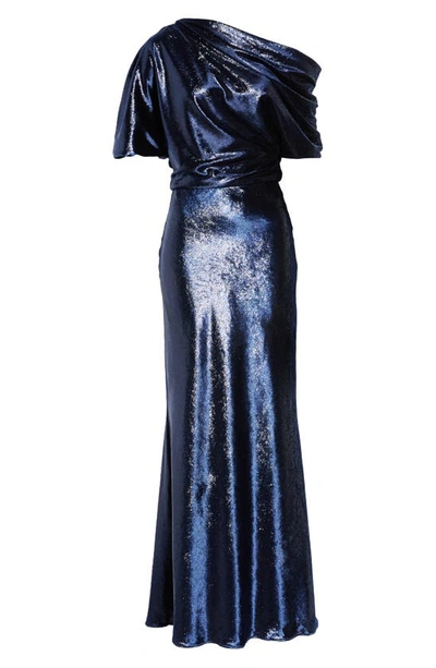 Shop Amsale One-shoulder Metallic Velvet Gown In Navy