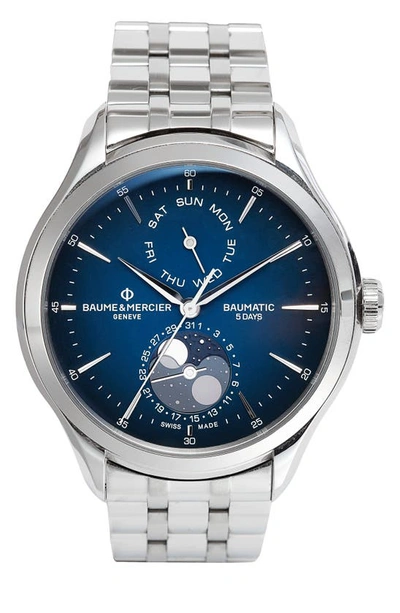 Shop Baume & Mercier Clifton Automatic Moon Phase Bracelet Watch, 42mm In Lacquered Blue