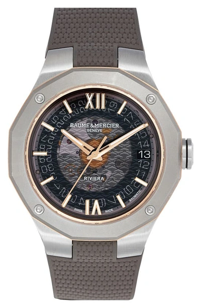 Shop Baume & Mercier Riviera 10720 Skeleton Rubber Strap Automatic Watch, 39mm In Smoked Gray