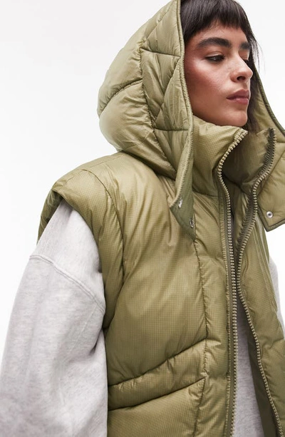 Shop Topshop Oversize Hooded Puffer Vest In Khaki