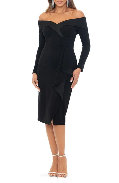 Shop Xscape Evenings Tux Side Ruffle Off The Shoulder Long Sleeve Dress In Black