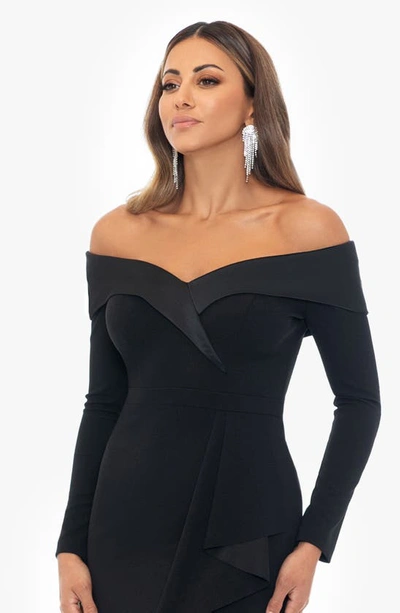 Shop Xscape Evenings Tux Side Ruffle Off The Shoulder Long Sleeve Dress In Black