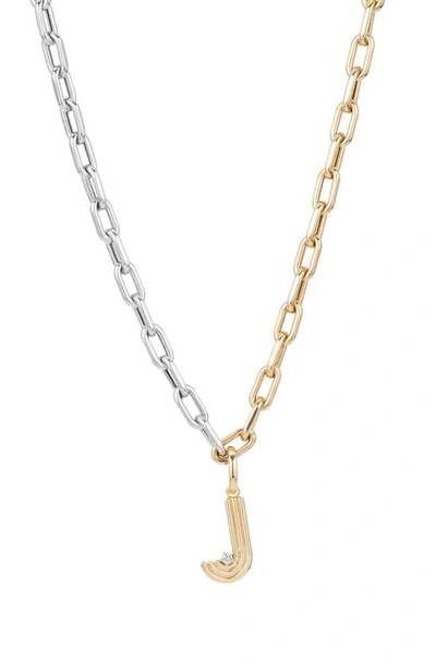 Shop Adina Reyter Two-tone Paper Cip Chain Diamond Initial Pendant Necklace In Yellow Gold - J