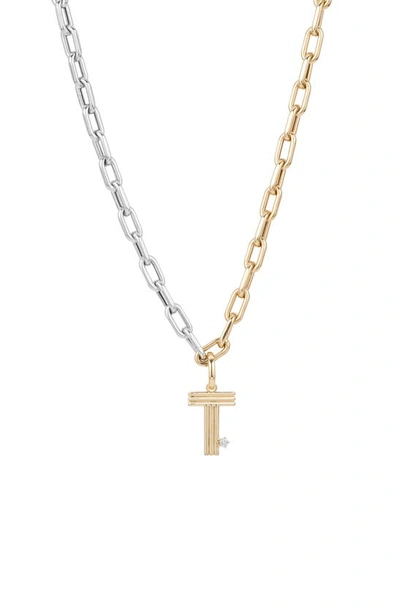Shop Adina Reyter Two-tone Paper Cip Chain Diamond Initial Pendant Necklace In Yellow Gold - T