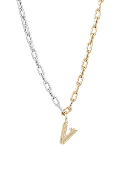 Shop Adina Reyter Two-tone Paper Cip Chain Diamond Initial Pendant Necklace In Yellow Gold - V