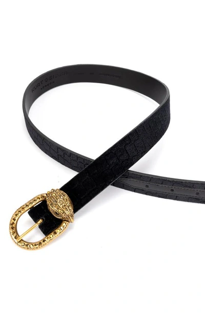 Shop Kurt Geiger London Croc Embossed Velvet Belt In Black/antique Brass
