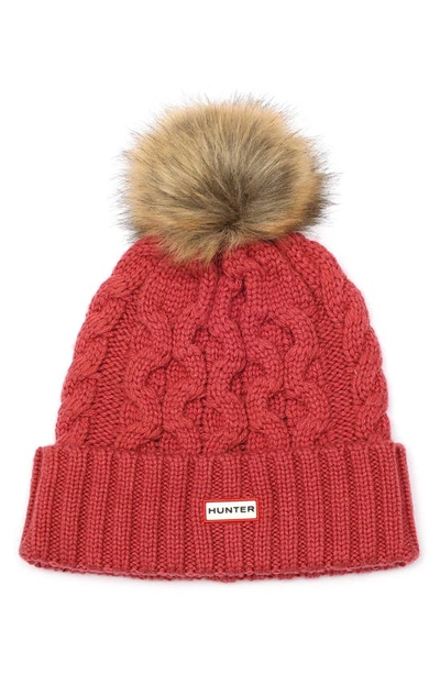 Shop Hunter Cable Knit Pompom Beanie In Vital Burgundy