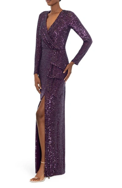 Shop Xscape Sequin Long Sleeve Column Gown In Mulberry