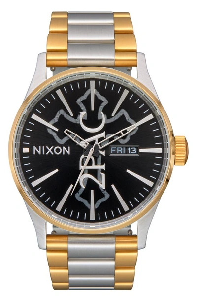 Shop Nixon X 2pac Sentry Bracelet Watch, 42mm In Gold / Silver / Black