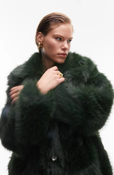 Shop Topshop Mid Length Faux Fur Coat In Medium Green