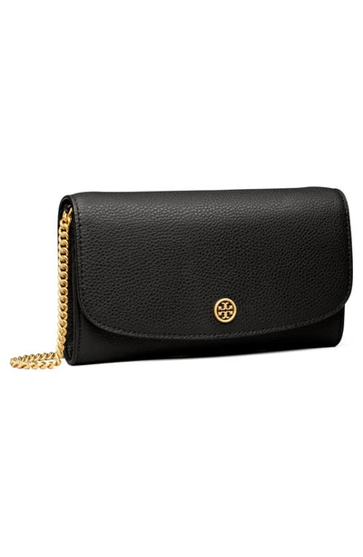 Shop Tory Burch Robinson Leather Wallet On A Chain In Black