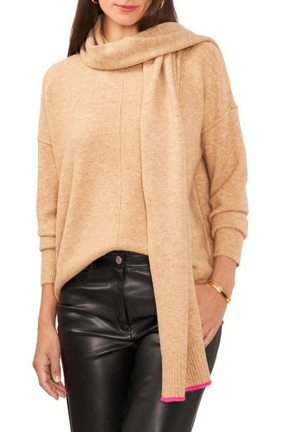 Shop Vince Camuto Crewneck Sweater With Attached Scarf In Latte Hthr