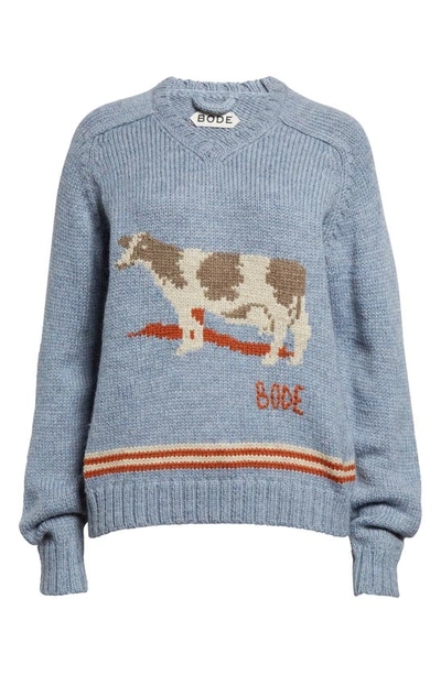 Shop Bode Cattle Intarsia Wool Sweater In Blue