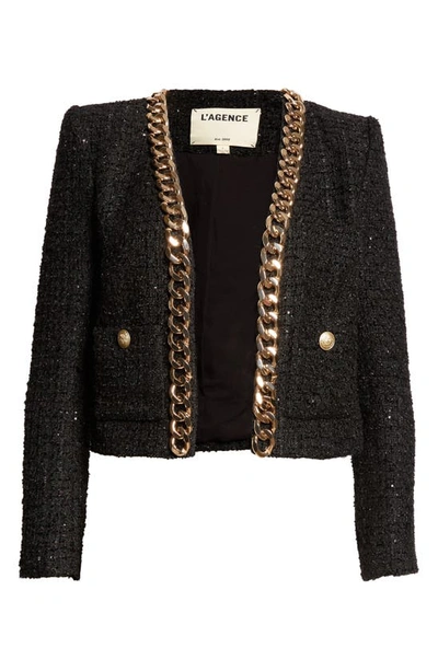Shop L Agence Greta Chain Detail Sequin Tweed Jacket In Black
