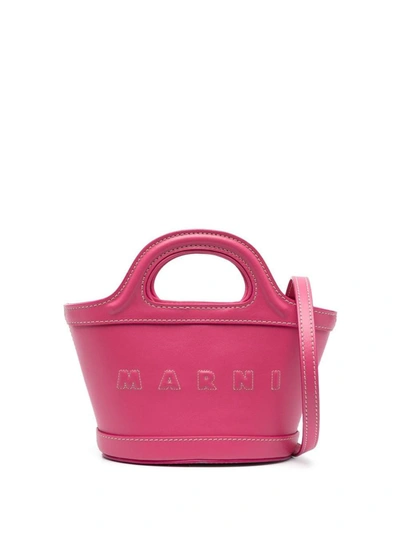 Shop Marni Leather Tote Bag With Logo In Pink &amp; Purple