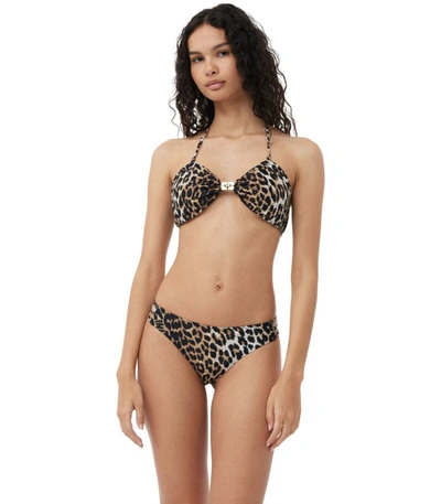 Shop Ganni Leopard Print Cut-out Bikini Bottom In Brown