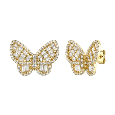 Rachel Glauber Rg 14k Gold Plated Diamond Cubic Zirconia Clusters Butterfly Stud Earrings In Gold