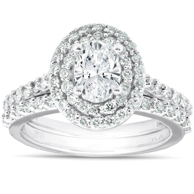 Pompeii3 2ct Oval Diamond Double Halo Engagement Wedding Ring Set 14k White Gold In Multi