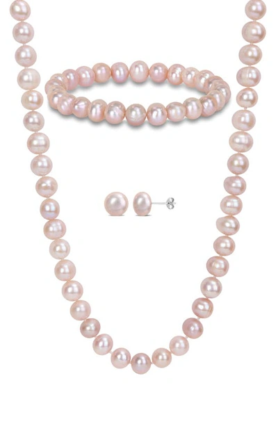Shop Delmar Freshwater Pearl Necklace, Bracelet & Stud Earrings Set In Pink