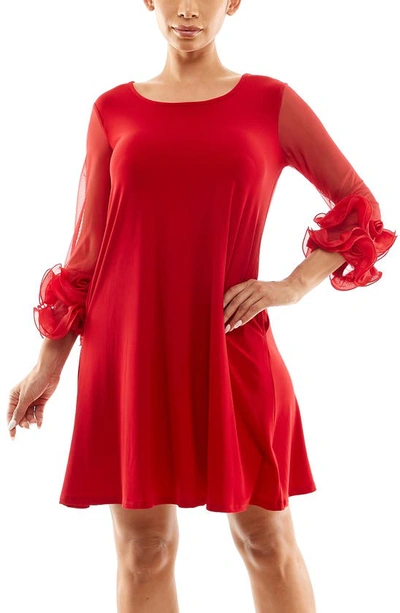 Shop Nina Leonard Ruffle Mesh Sleeve Dress In Nina Red