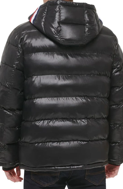 Tommy Hilfiger Pearlized Water Resistant Hooded Puffer Jacket In Black