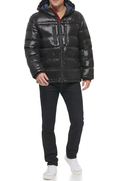 Tommy Hilfiger Pearlized Water Resistant Hooded Puffer Jacket In Black