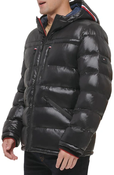 Tommy Hilfiger Pearlized Water Resistant Hooded Puffer Jacket In Black