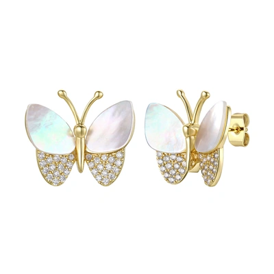Rachel Glauber Rg Large 14k Gold Plated With Mother Of Pearl & Diamond Cubic Zirconia Butterfly Stud Earrings In Gold