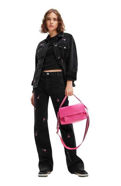 Desigual Arkansas Floral Embroidered Crop Trucker Jacket In Black