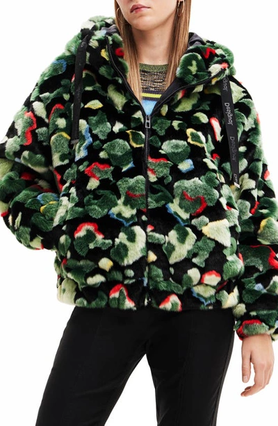 Shop Desigual Calis Oversize Camo Faux Fur Jacket In Green